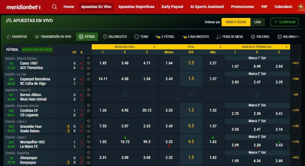 Imagen de la plataforma de Meridianbet con apuestas en vivo de fútbol.