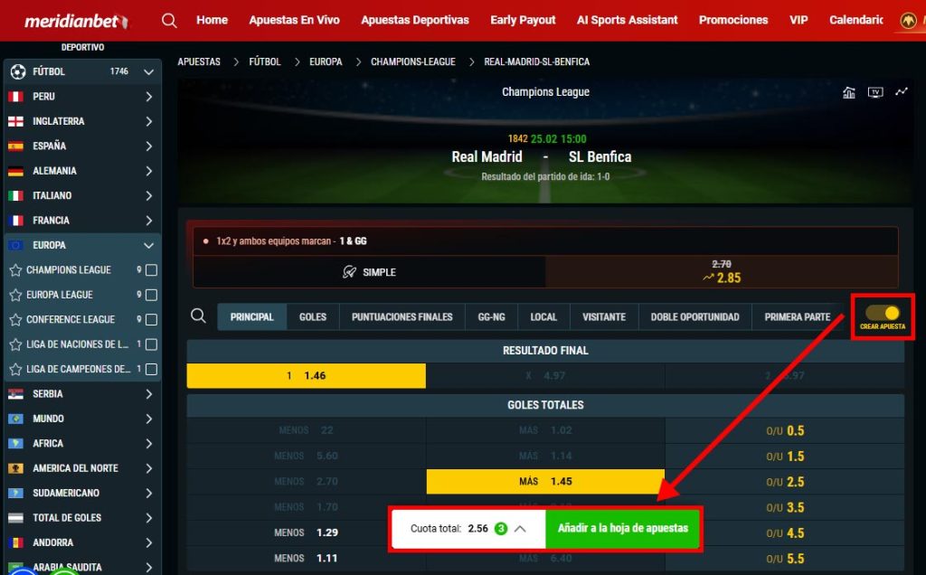 Imagen de la plataforma de Meridianbet mostrando los pasos para usar Bet Builder.