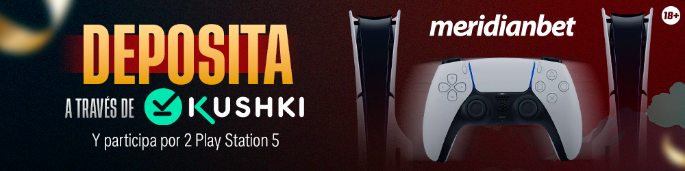 Banner promocional de los PlayStation 5 que puedes ganar con Meridianbet y Kushki.