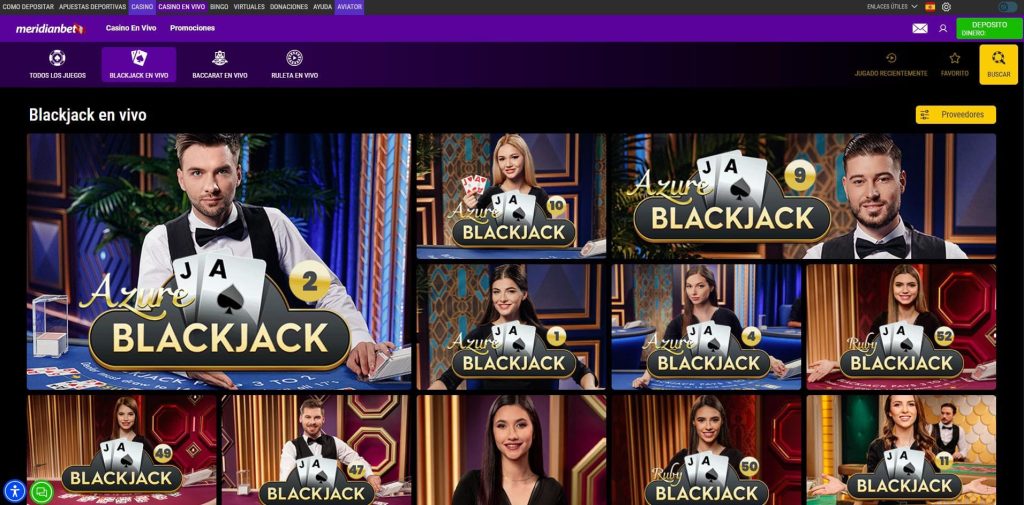 Captura de pantalla con algunas versiones de blackjack que se pueden jugar en Meridian Casino.