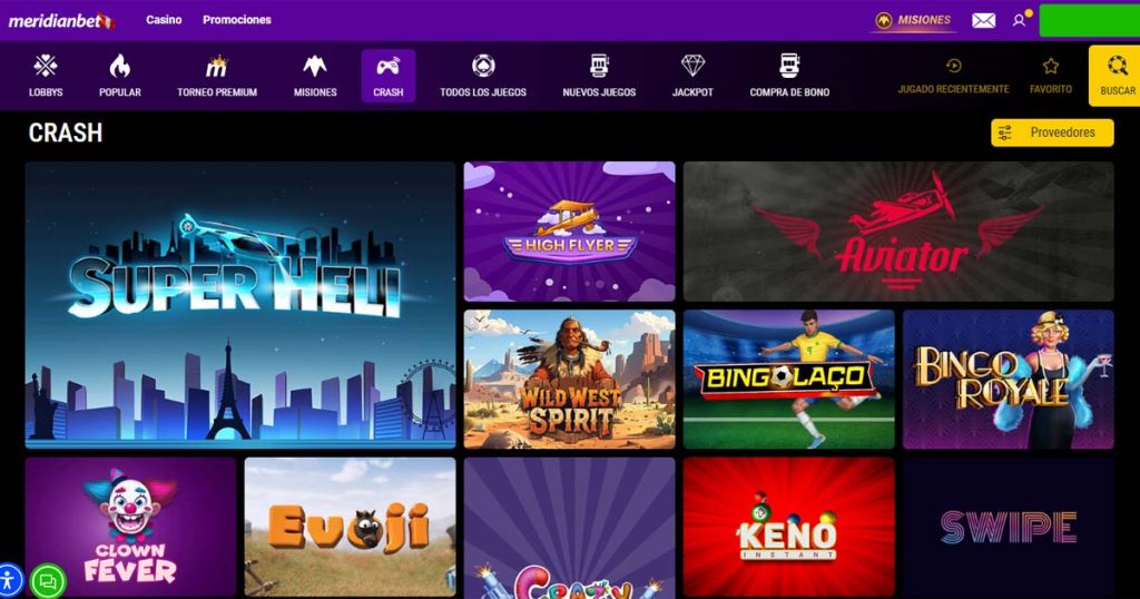 Imagen de la plataforma de Meridian Casino en las sección de juegos crash.