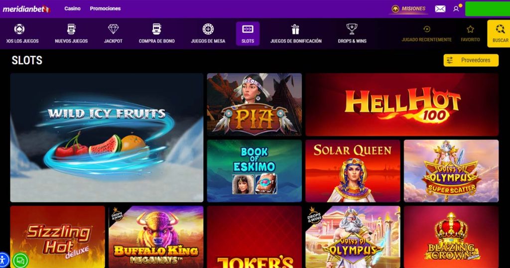 Imagen de la plataforma de Meridian Casino en las sección de tragamonedas.