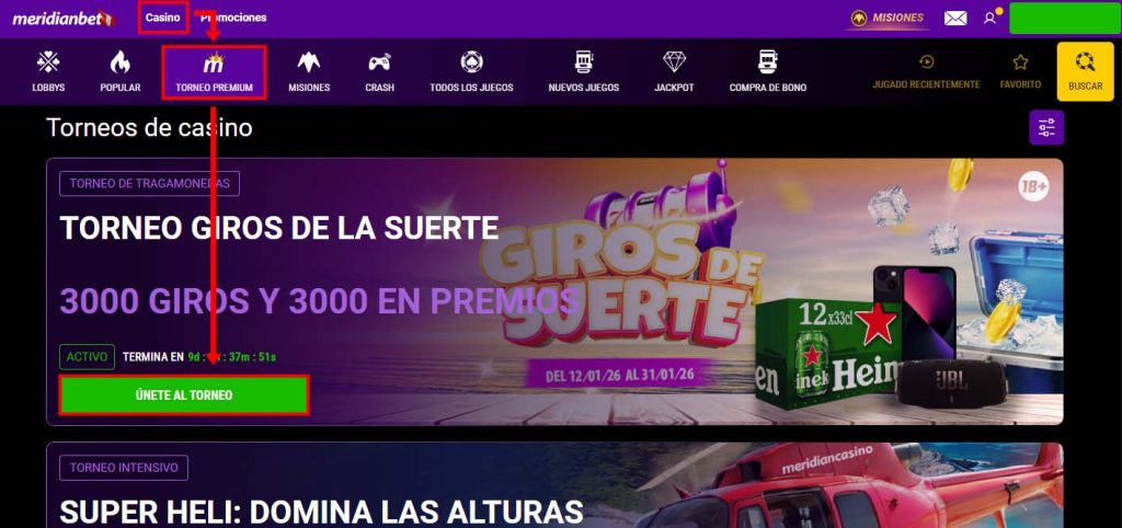 Imagen referencial con los pasos para acceder a los torneos de Meridian Casino.
