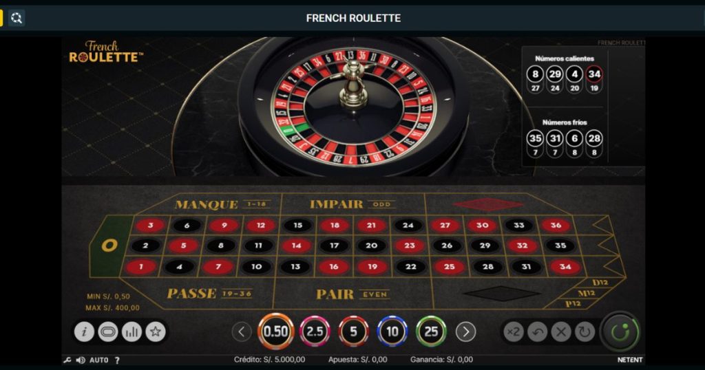 Interfaz de French Roulette en el casino en vivo de Meridian Casino