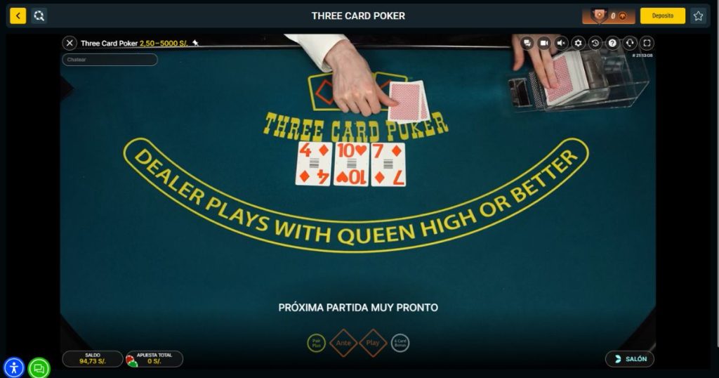 Interfaz del 3 Card Poker en el casino en vivo de Meridian Casino.