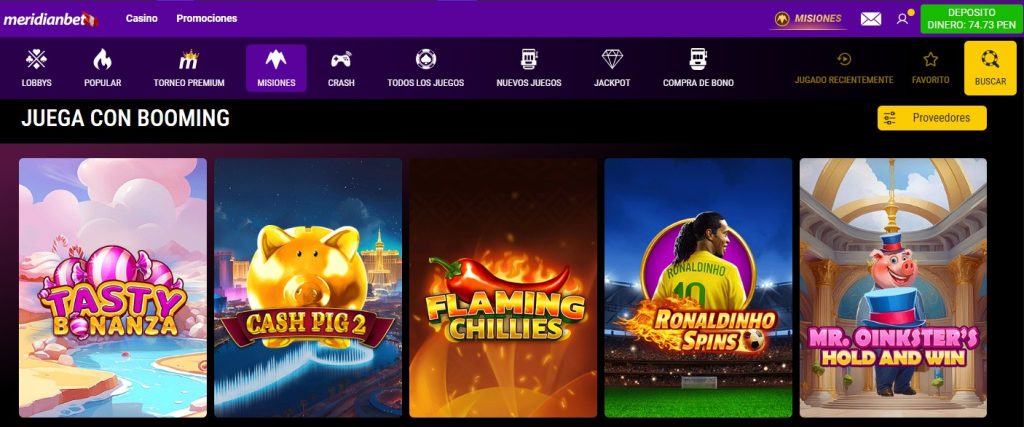 Imagen de la plataforma de Misiones en las que aparecen los juegos de Booming Games.