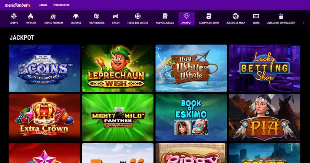 Imagen de la sección de jackpots en la plataforma de Meridian Casino.